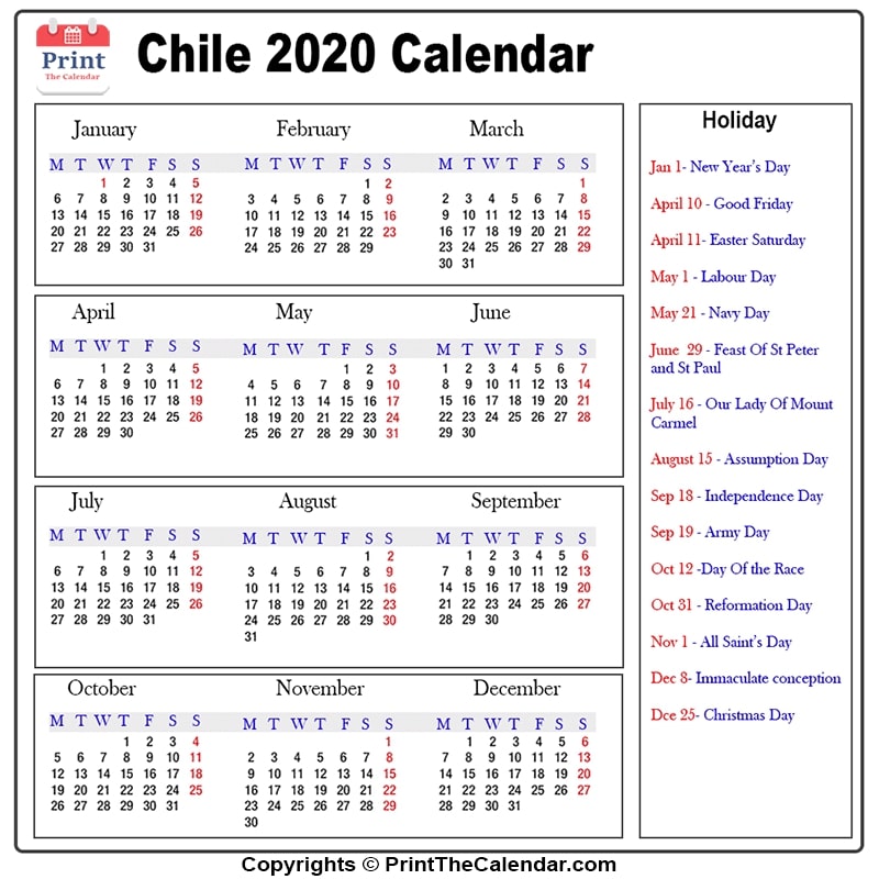Chile Calendar 2020 with Chile Public Holidays